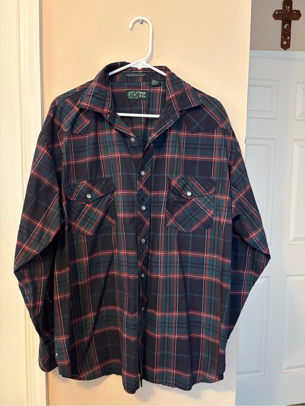 Plaid Button-Down Shirt in Black with Red and Green Stripes -